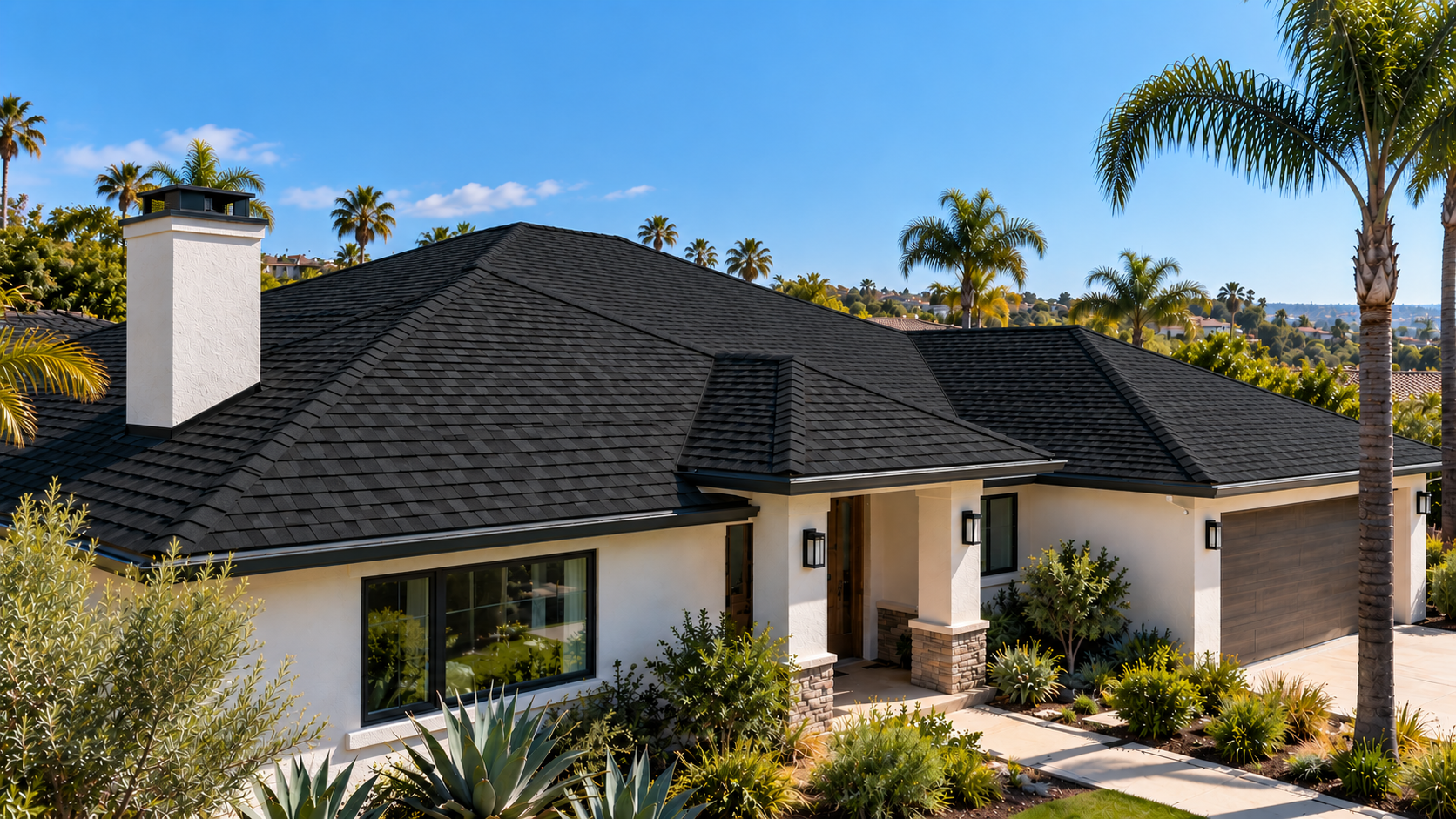Illustration of a sunlit Southern California home with an asphalt-shingle roof and palm trees
